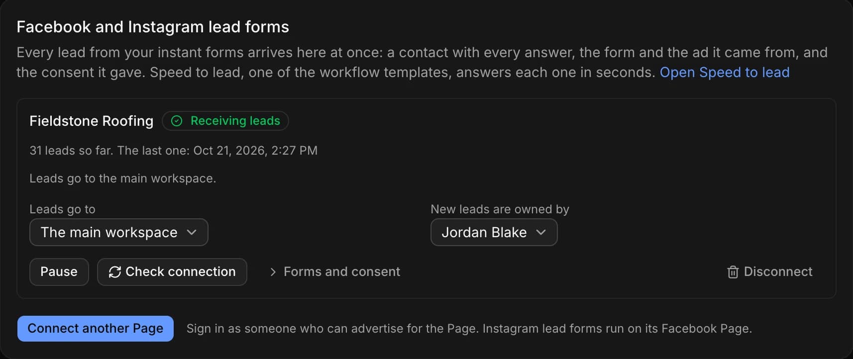Facebook and Instagram lead forms: a Page receiving leads, 31 so far, the workspace they go to and who owns them