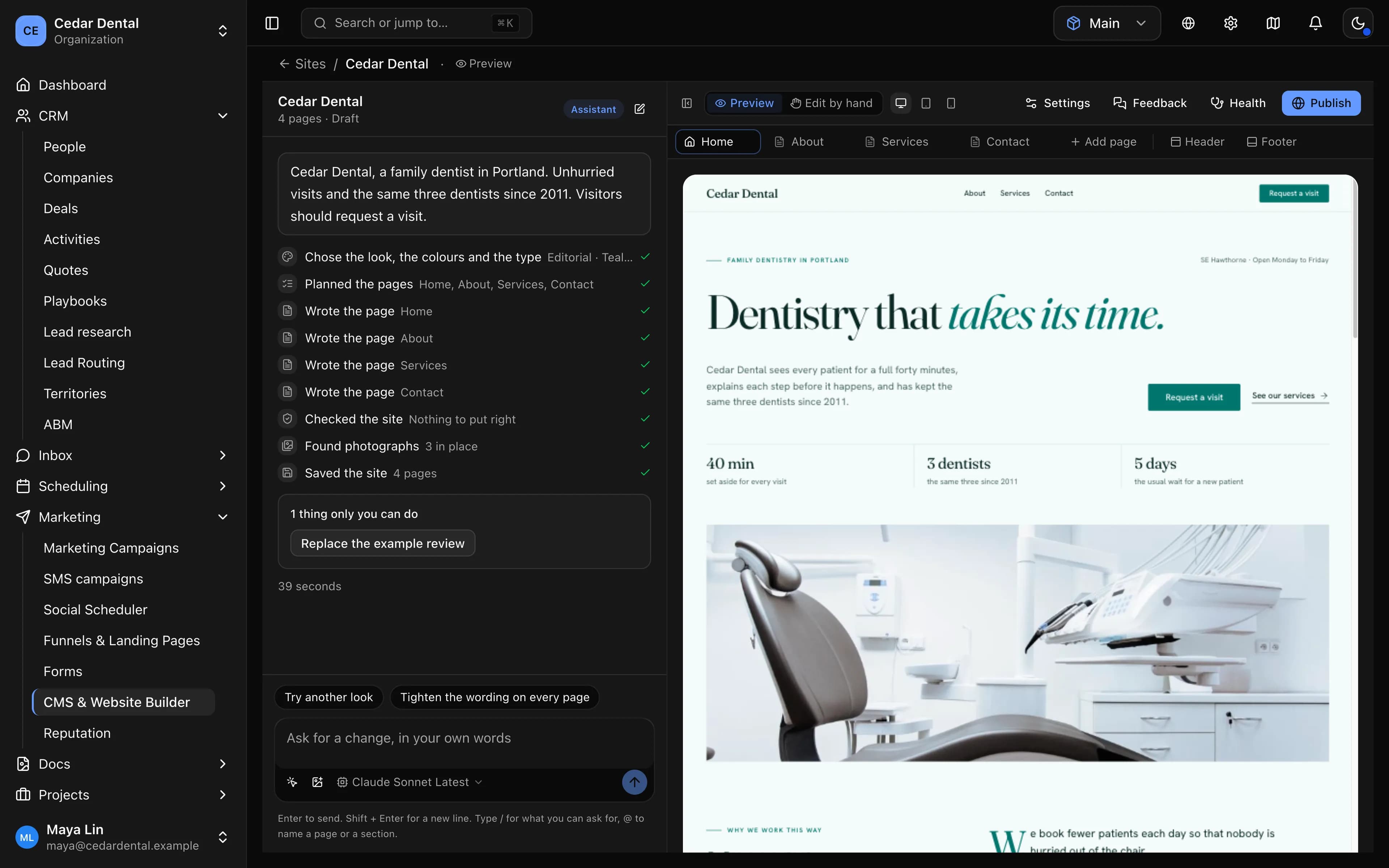 The AI website builder after it built a dental practice's site: its steps checked off on the left, the finished home page on the right