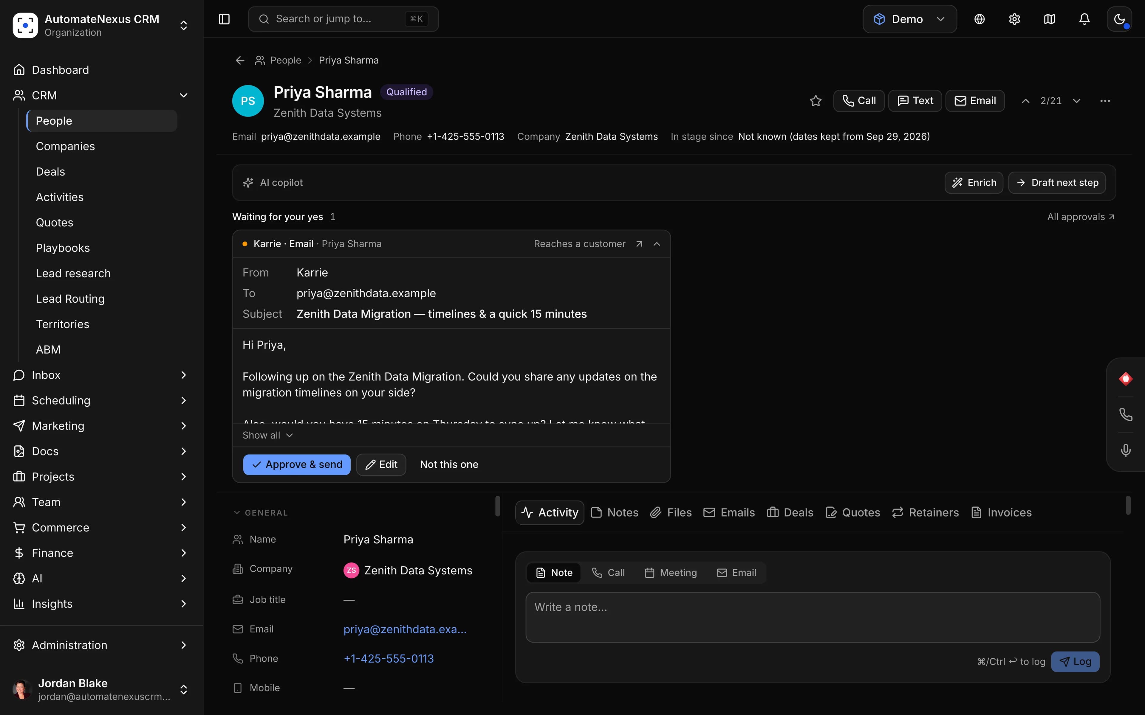 Priya Sharma's record with Call, Text and Email at the top, her company, owner and lifecycle, and the AI copilot's drafted follow-up