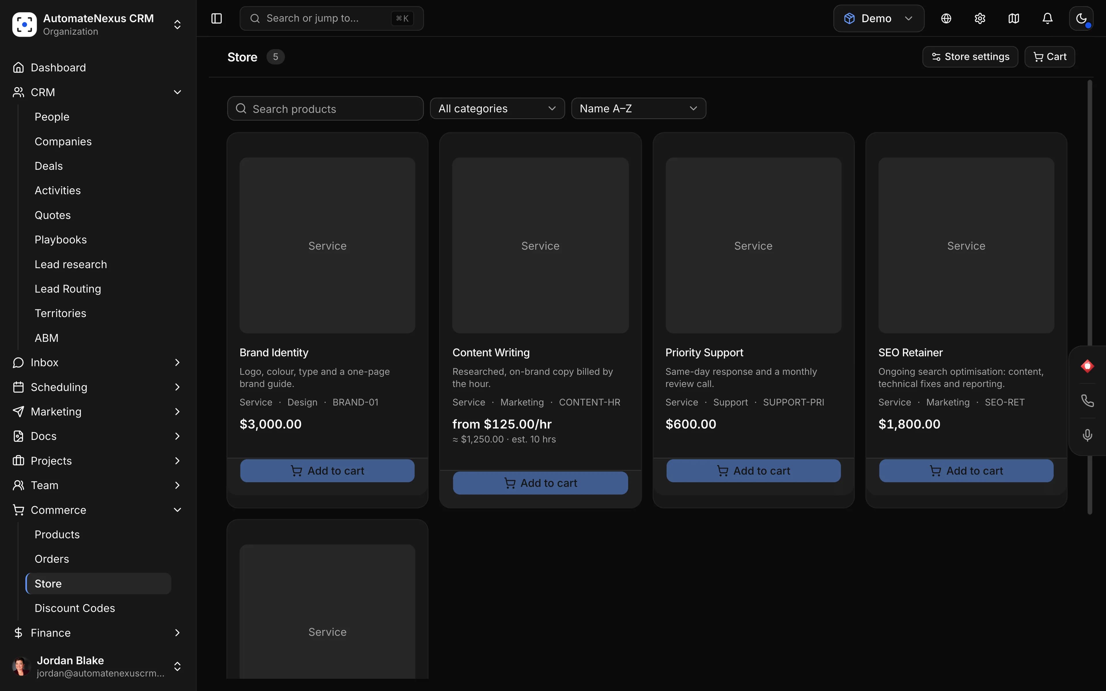 The store: the products customers can add to a cart, with their prices