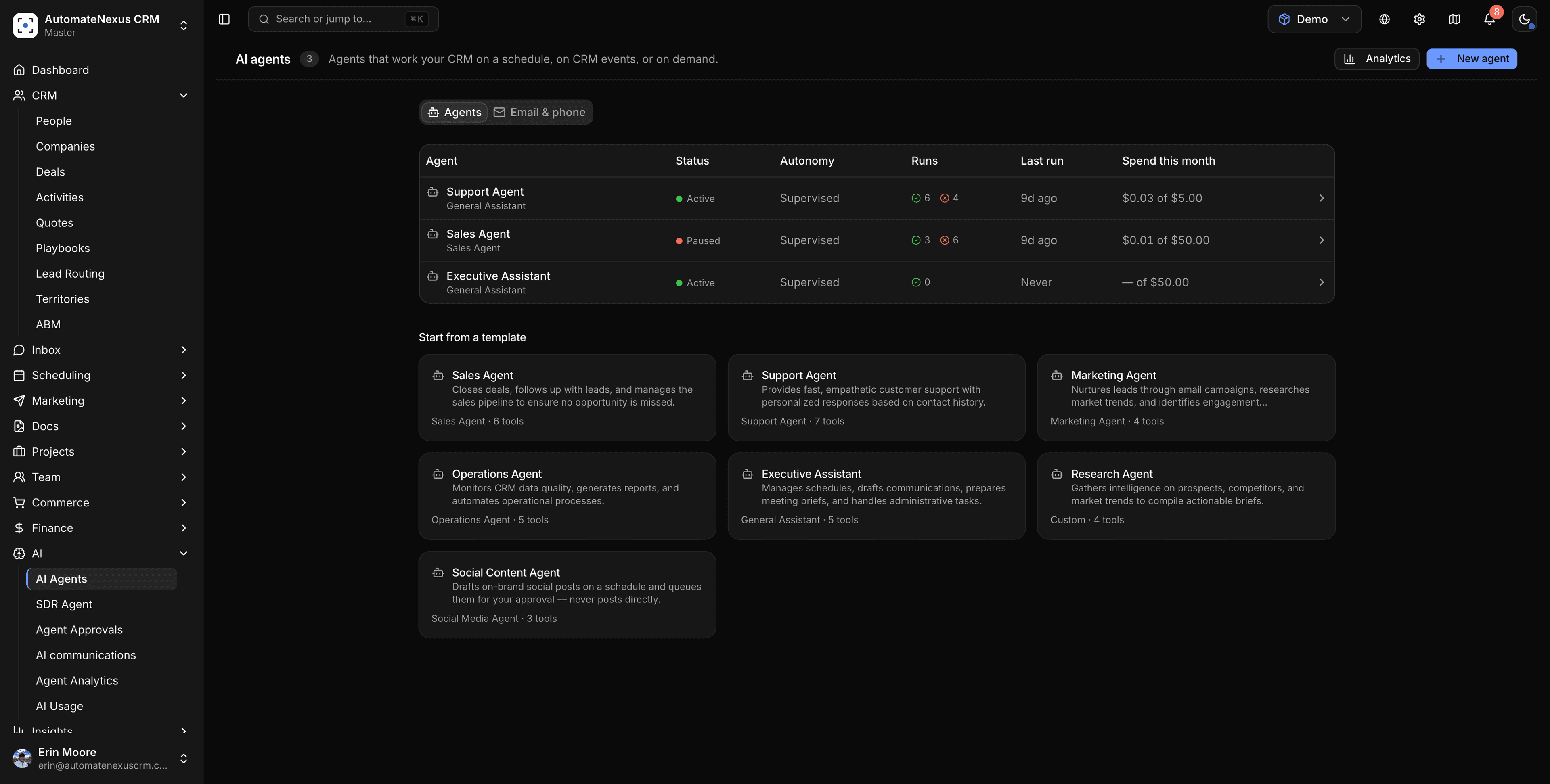 AI agents — a support agent, a sales agent and an executive assistant with their status, autonomy, runs and monthly spend, above templates for sales, support, marketing, operations, research and social content