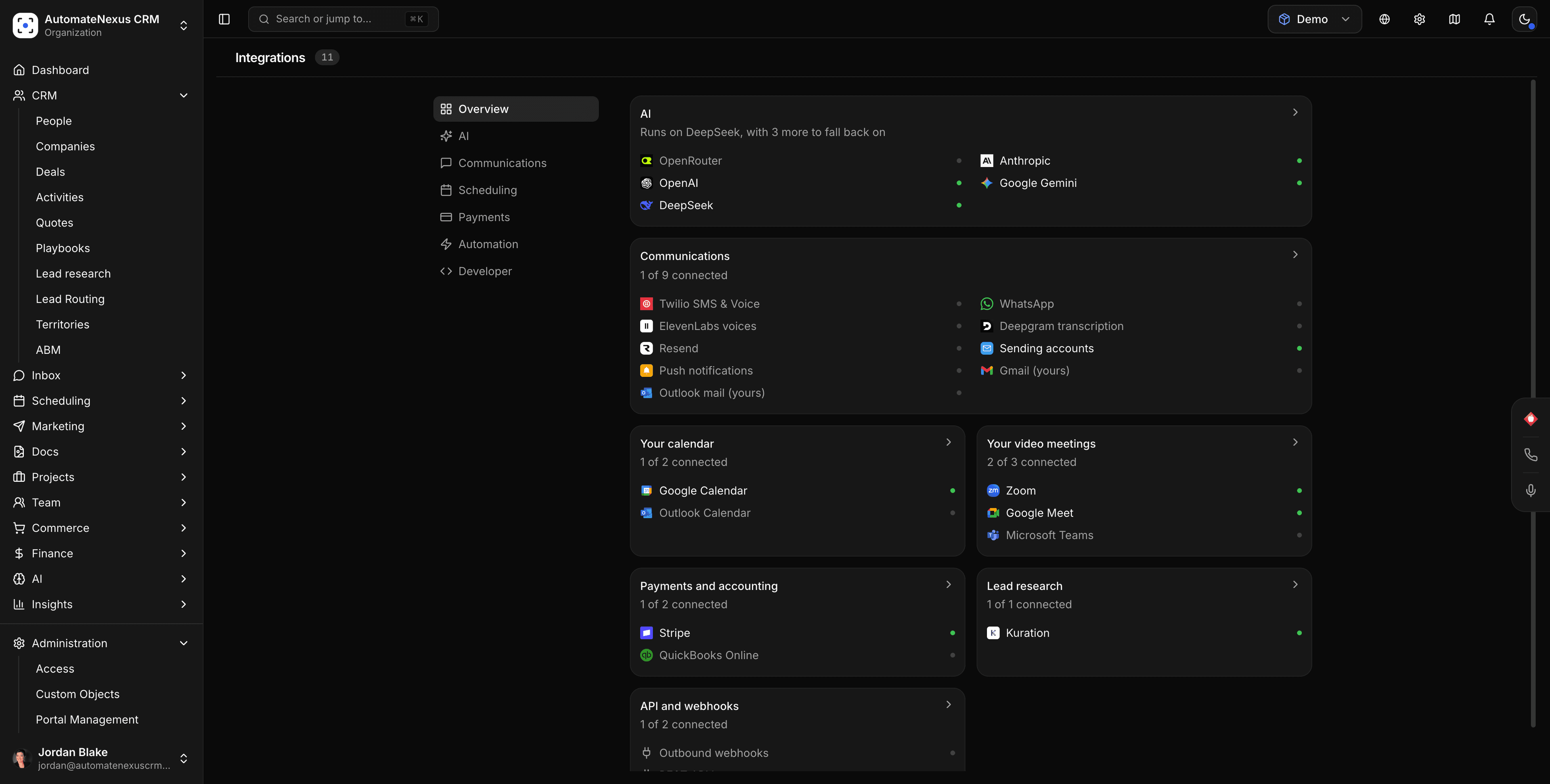 Integrations — native connectors for communications, social, calendars, video conferencing, payments and AI providers