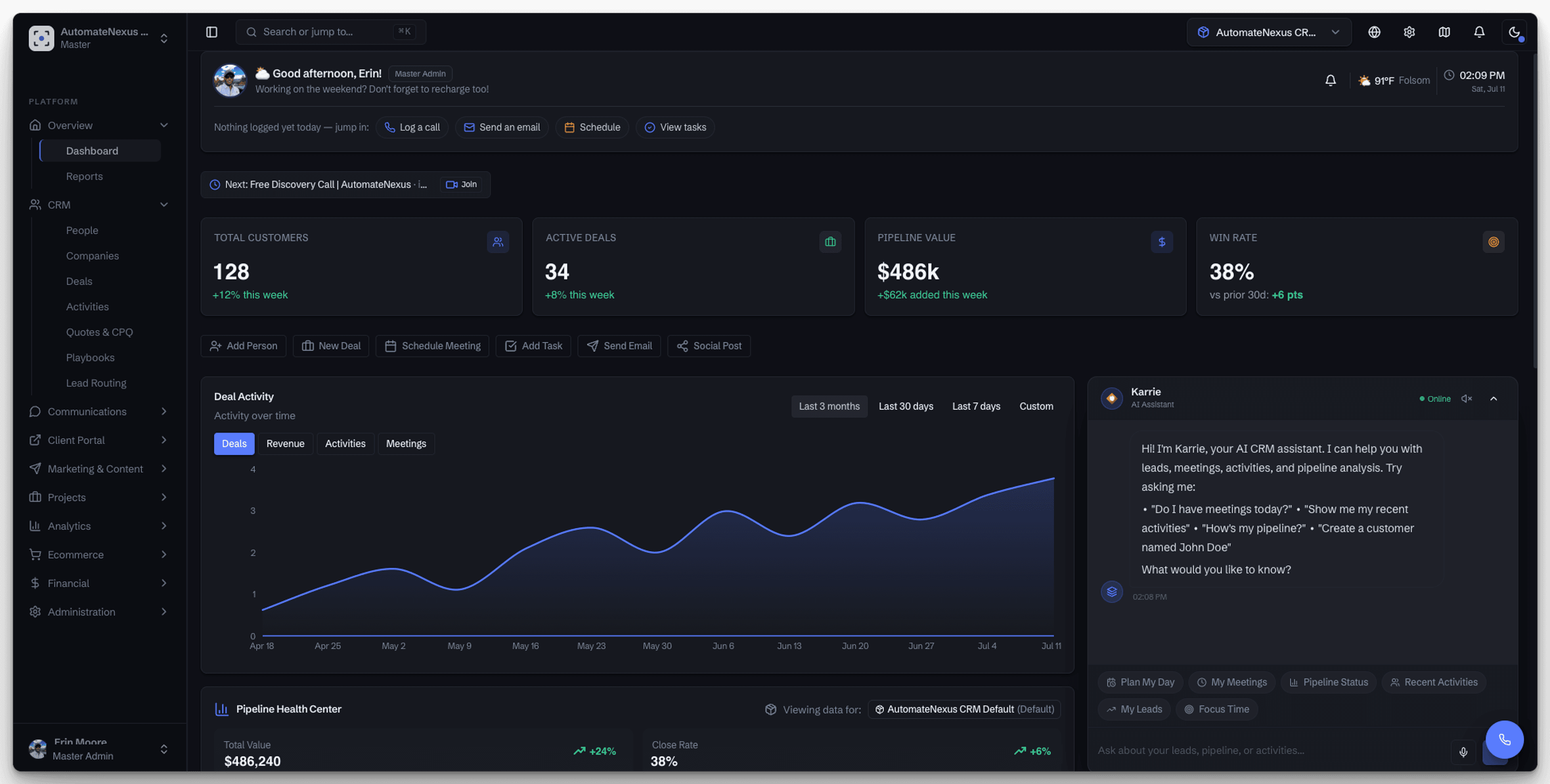 AutomateNexus CRM dashboard — pipeline value, active deals, deal activity chart, and the Karrie AI assistant
