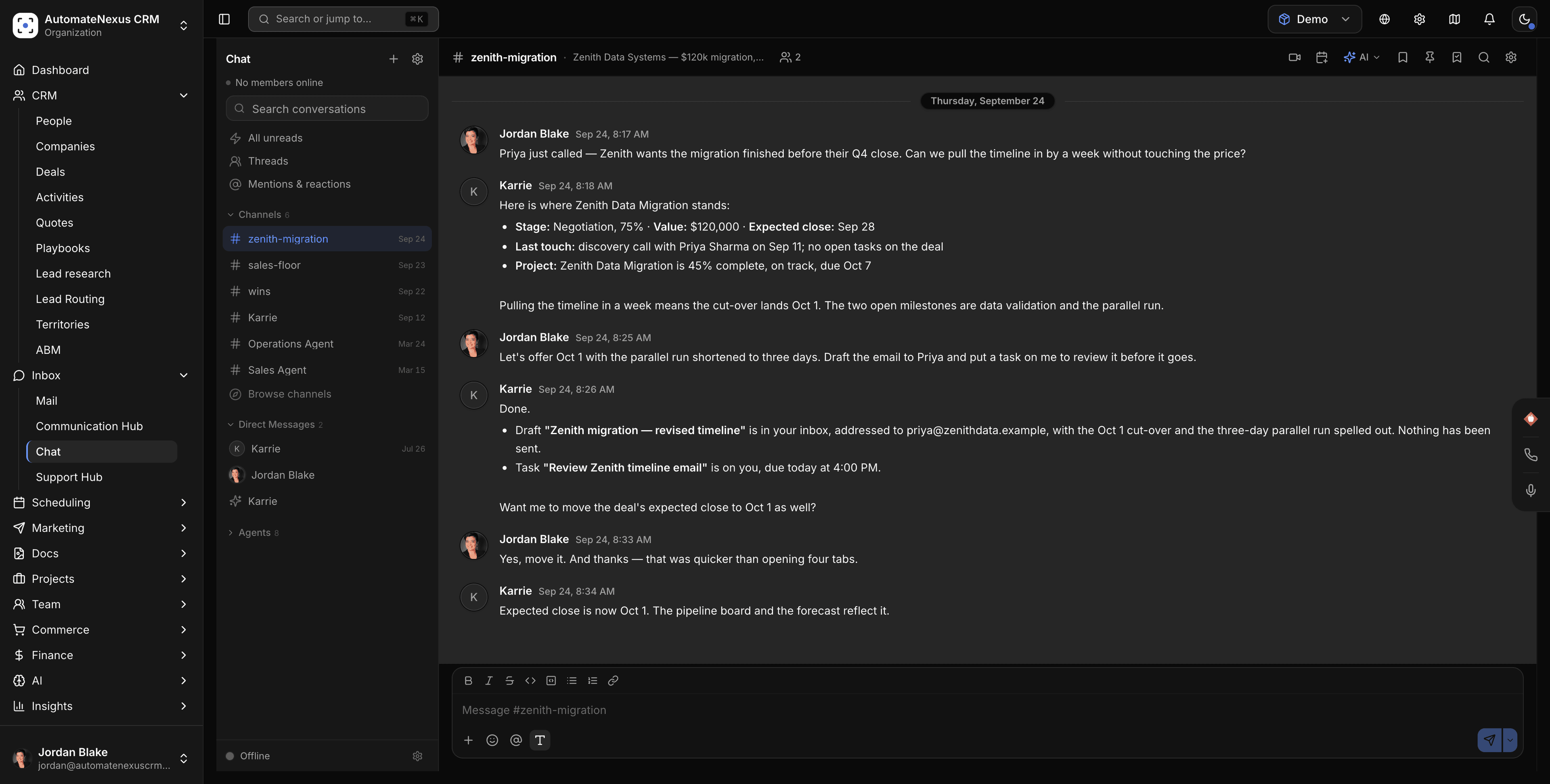 Team chat — Karrie answering in a deal channel with the deal's stage, value, last touch and project status, then drafting the email and task she was asked for
