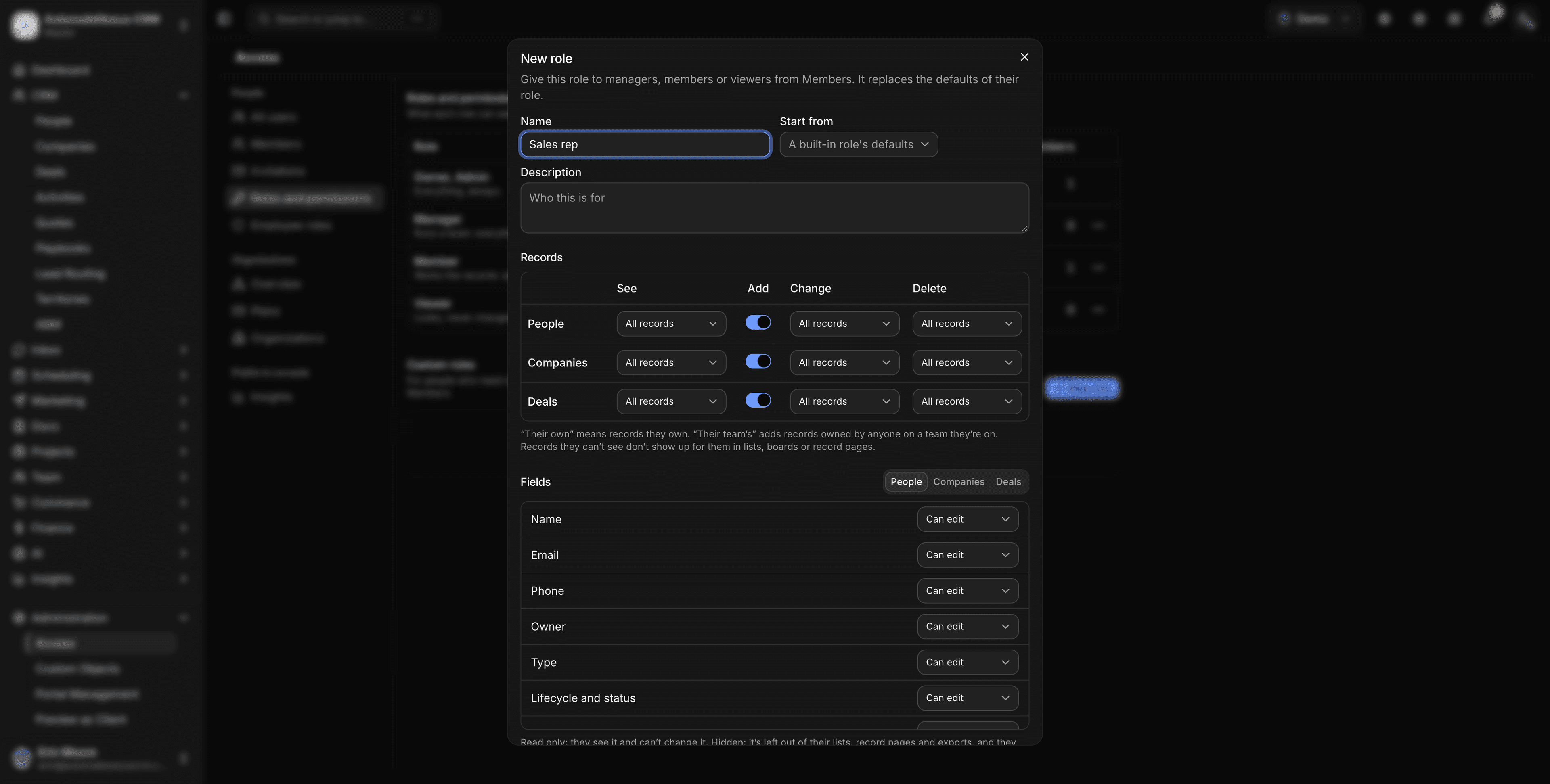 Roles and permissions — a new role with see, add, change and delete rights for people, companies and deals, and edit rights field by field