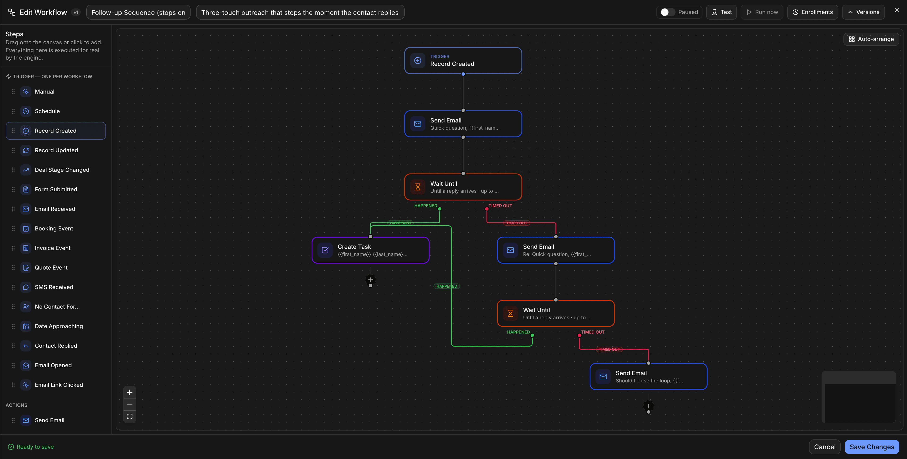 Workflow builder — a follow-up sequence that sends an email, waits for a reply, creates a task when someone answers and sends the next email when they don't