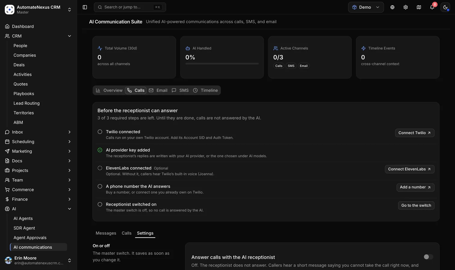 The AI receptionist's Settings tab, opening with the checklist of what has to be in place before it answers: Twilio connected, an AI provider key, ElevenLabs (optional), a phone number the AI answers, and the master switch