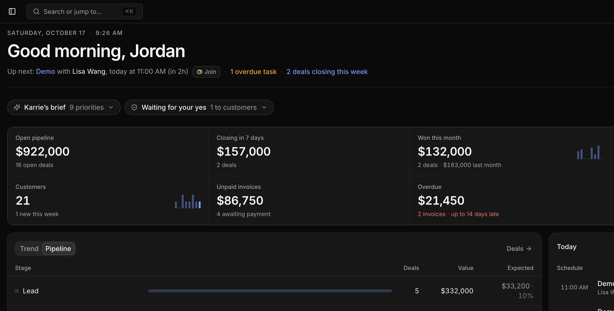 The AutomateNexus CRM dashboard in English: the greeting, Karrie's brief and the figures, all in English.